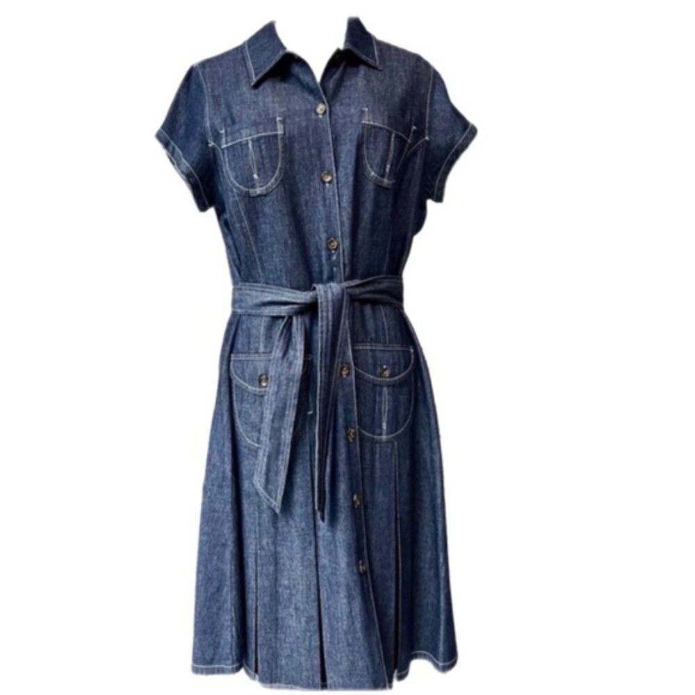 Anne Klein Denim Dress with Gored Pleats and detailed Pockets